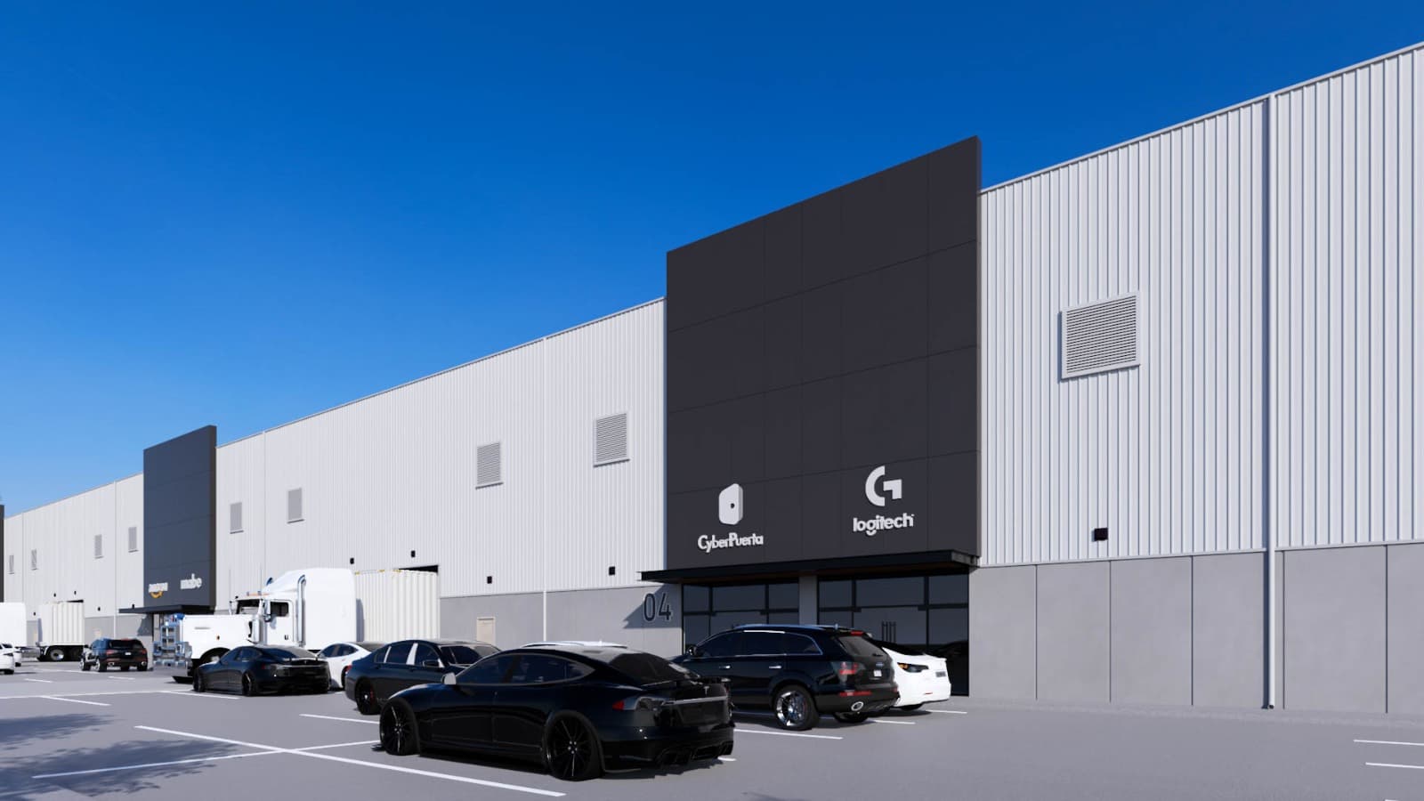 North Gateway Park tenant façades Units 04 and 05 with branded entrance panels and loading dock area
