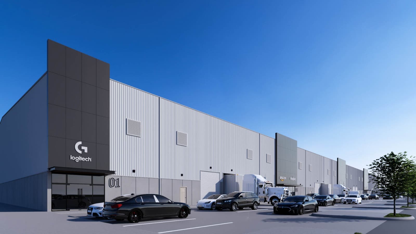 North Gateway Park full row elevation showing all 9 warehouse units with parking area in the foreground